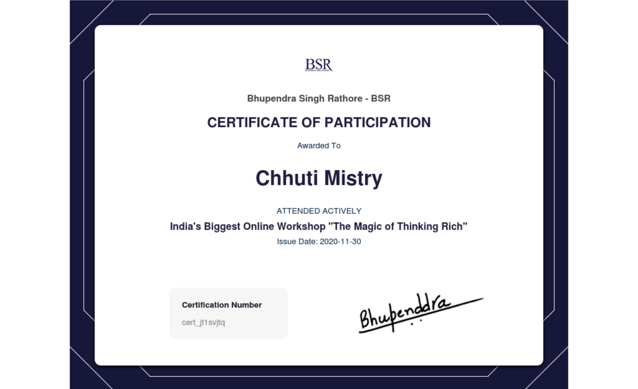 Certificate from Bhupendra Singh Rathore